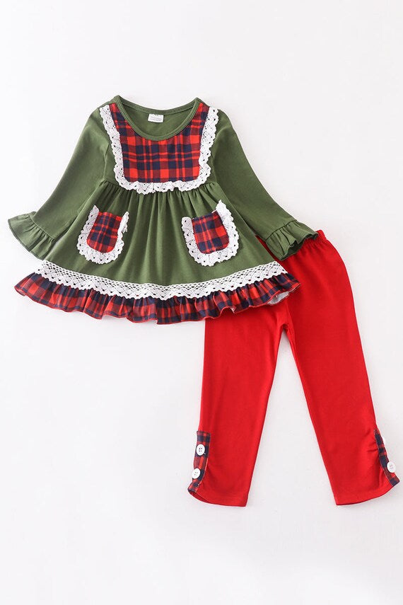 Green ruffle dress & red pant set
